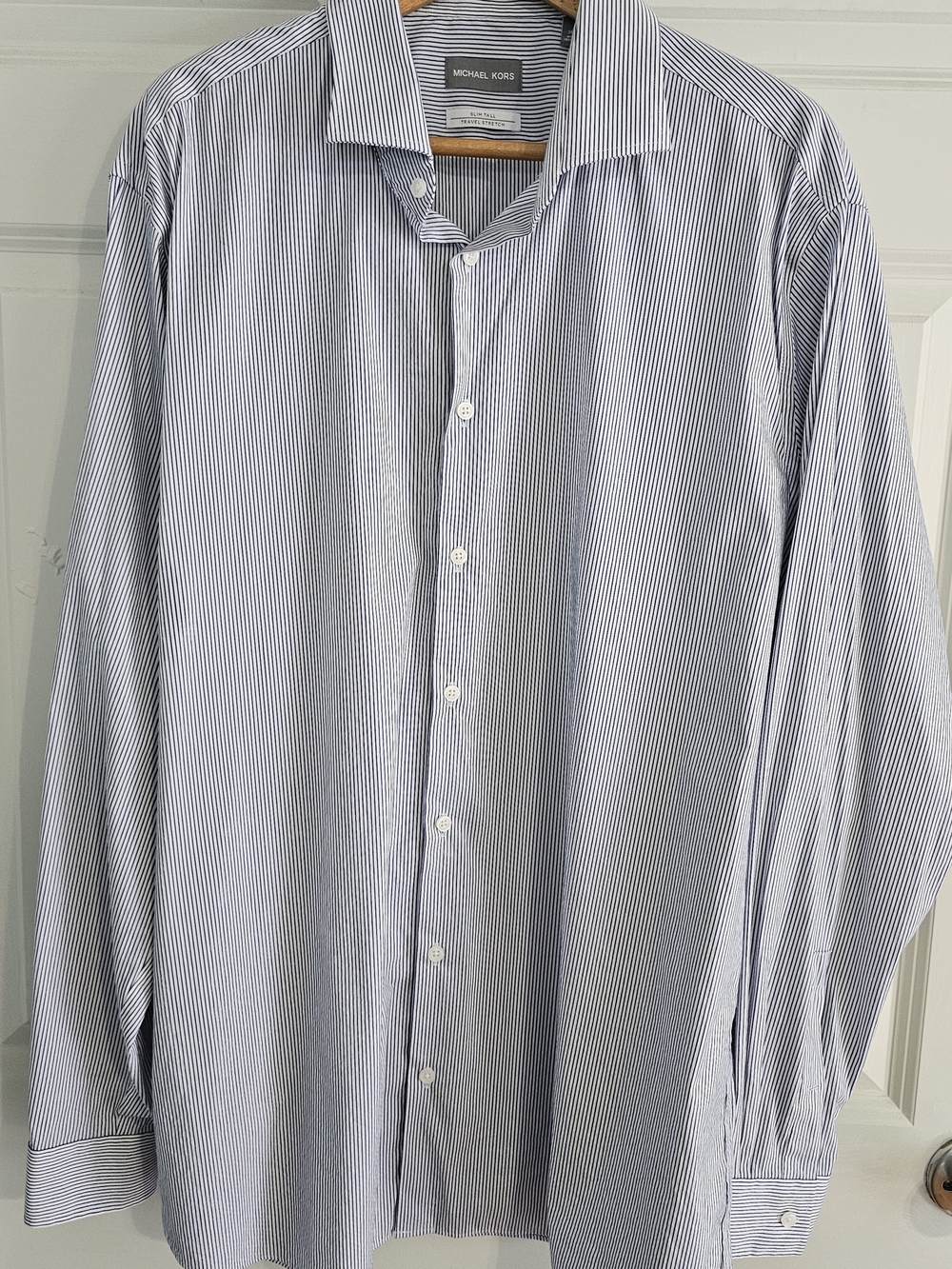 Michael Kors Men's White and Blue Fine-Striped Dress Shirt